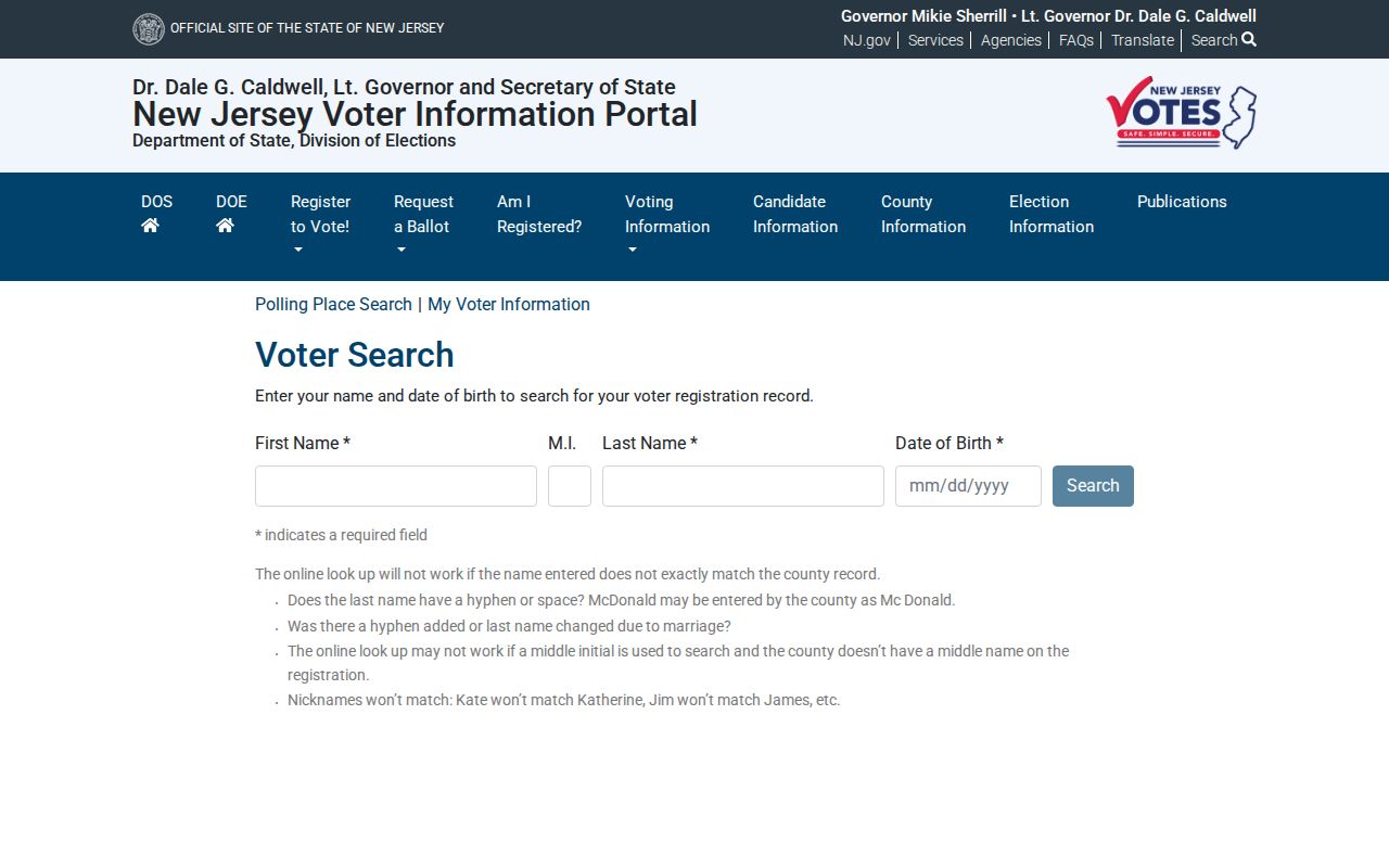 Medford resident lookup using the New Jersey voter registration search form